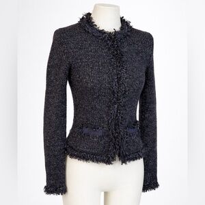 Express Women Vintage Navy Blue Silver Metallic Accent Frayed Woven Jacket